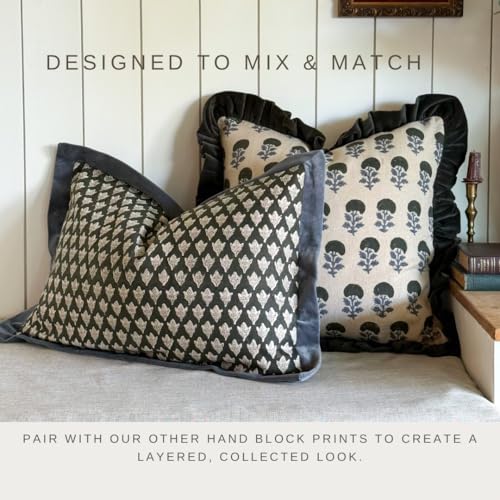 Palm & Loom 100% Cotton Linen Cushion Cover - Aira Decorative Throw Pillow Case with Dark Green & Blue with Ruffle - Moder...