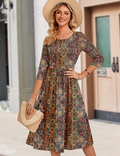 Zeagoo 3/4 Sleeve Women's Dress Casual Flowy A-Line Midi Tshirt Dresses with Pockets Crewneck Vocation Boho Beach Sundress
