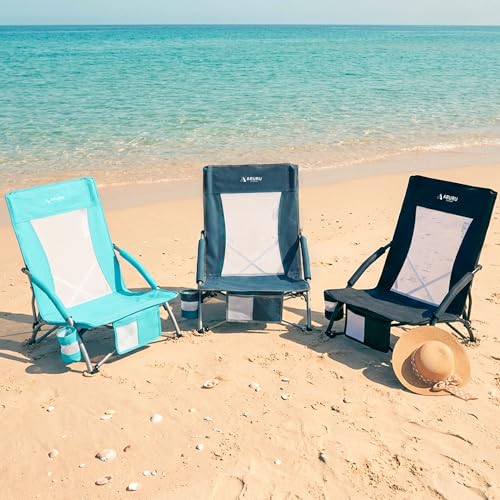 ARURU Low Folding Beach Chairs for Adults 2 Pack, Portable Lightweight Sling Beach Camping Chair with Cup Holder,Armrest,F...