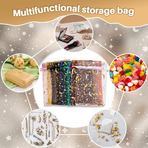 Sukh 100pcs Organza Bags - 4"X6" Moon Star Small Gift Bags Bulk Party Favor Mesh Drawstring Goodie Wrap Pouch Candy Jewelr...
