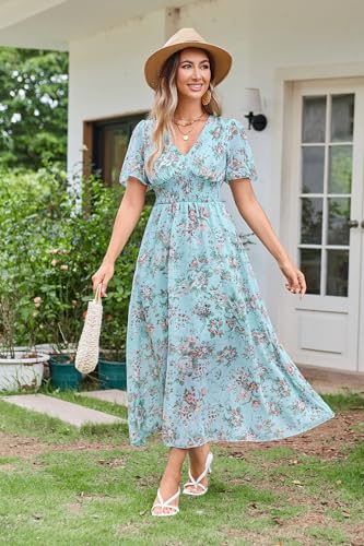 Women's Floral Maxi Dress Flowy V Neck Empire Waist Summer Wedding Guest Party Casual Chiffon Dress