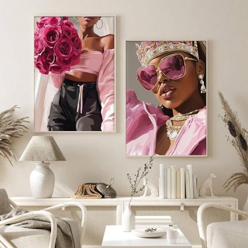 3Pcs Pink Fashion Black Woman Canvas Wall Art African American Women Wall Decor Funky Black Girl Posters prints Abstract F...