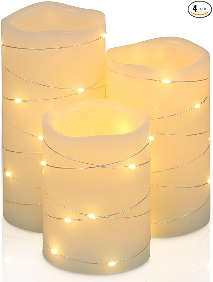 H-BLOSSOM Flickering Flameless Candles Ivory Real Wax Pillar with Embedded String Lights LED Candles Battery Operated with...