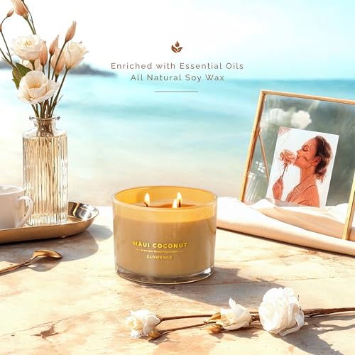 Glowence Luxury Coconut Scented Candle - Large 3 Wick Jar Candle - Elegant Gift for Women & Men - 100% Natural Soy Wax - U...