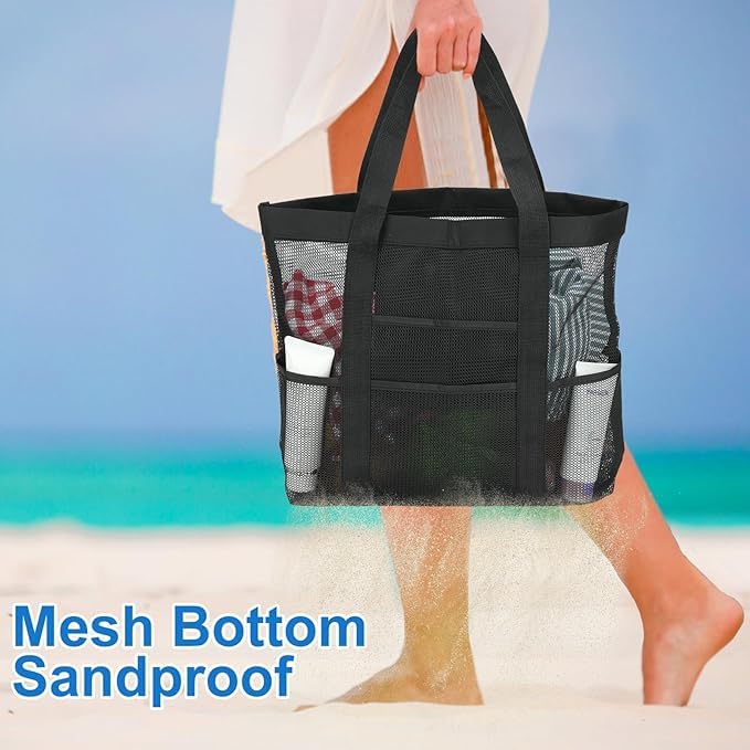 OILPUS Large Mesh Beach Bag, Beach Tote Bags with 9 Pocket for Family