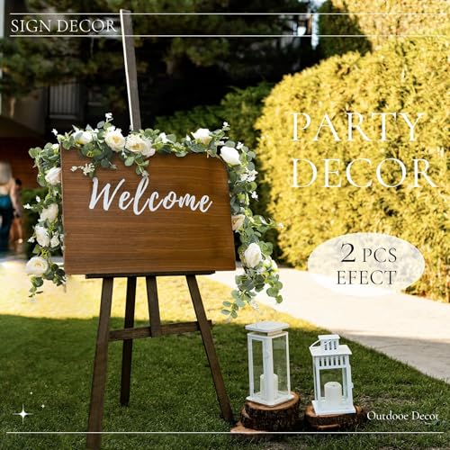 Der Rose 2 Pcs 13FT Artificial Floral Garland, Flower Eucalyptus Spring Garland with Champagne Rose, Faux Flower Vine for ...