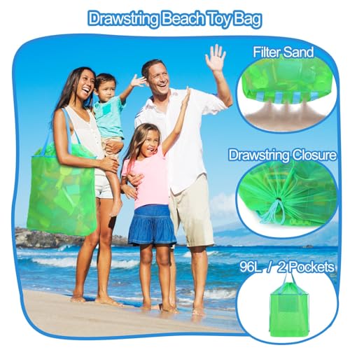 BrainyBees Extra Large Beach Toy Bag with Drawstring - Mesh Beach Tote Bag for Sand Toys, Lightweight Beach Pool Essential...