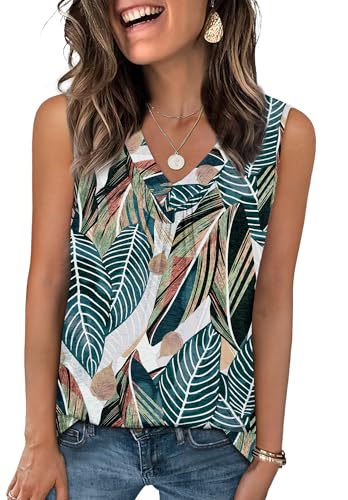OFEEFAN Tank Top for Women Loose Fit Sleeveless Shirts V Neck Summer Clothes Ruched Women's Tees and Tanks Curved Hem