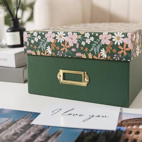 Soul & Lane Decorative Photo Storage Box with Lid, 11.7" × 7.7" × 4.5", Memory Box for Keepsakes, Floral Cardboard Picture...
