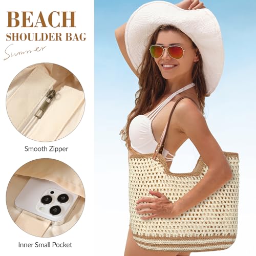 Pleneal Crochet Beach Bag, Summer Woven Tote Bag with Lining, Soft Purse Shoulder Bags for Vacation