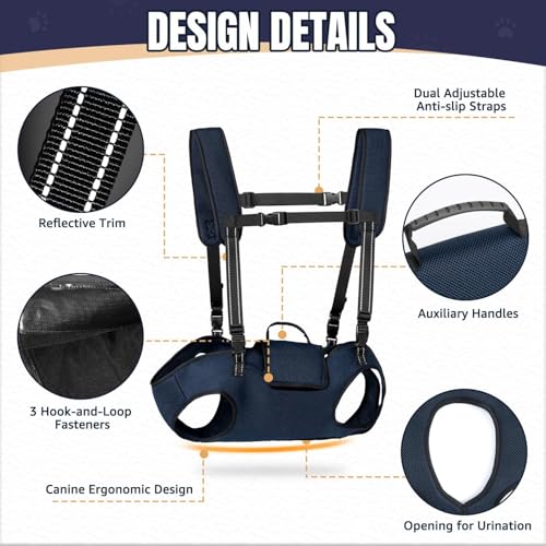 Nasjac Dog Lift Harness Carrier Backpack - Full Body Sling with Adjustable Straps & Handle, Breathable Support Emergency R...