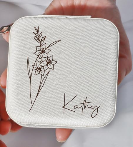 Ships Next Day, Custom Travel Jewelry Box with Name Birth Flower, Birthday Gifts for Women, Bridesmaid Proposal Gifts Pers...