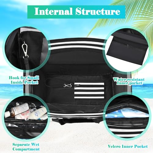 TEUEN Large Beach Bag with Zipper, 12 Pockets Waterproof Sandproof Pool Bag Womens Mesh Beach Tote Bag for Travel Vacation