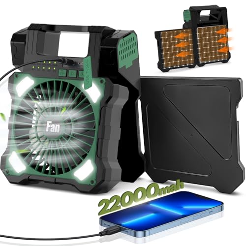 Maraiss 22000mAh Camping Solar Fan, Dual-Panel Rechargeable Solar Powered Fan with LED Light, 5 Adjustable Speeds Battery ...