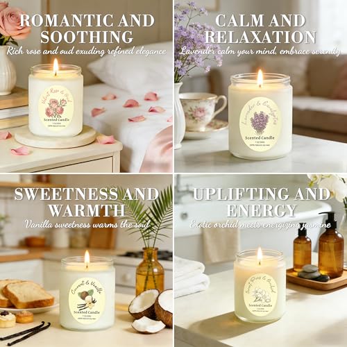 Scented Candles Gift Set 4 Pack, Soy Wax Aromatherapy Candles with Lavender Rose Coconut Vanilla, Long Lasting 200 Hours B...