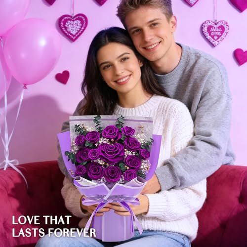 Forever Rose Flowers for Delivery Mothers Day Gifts, 14-Piece Purple Preserved Roses Flowers Bouquet with Vase Gift Box, L...