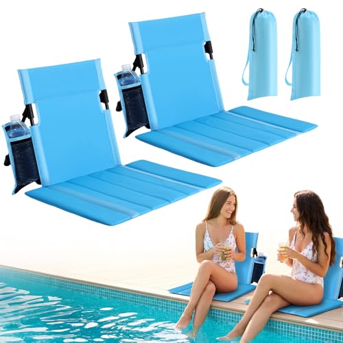 2 Pack Portable Poolside Chairs, Foldable Legless Beach Chairs for Adults with Cup Pocket, Lightweight Ground Seat Small B...