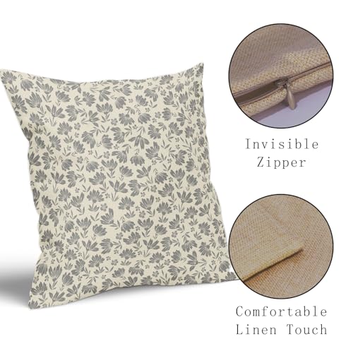 Kawani Daisy Floral Block Print Pillow Covers 18X18 Inch Gray Grey Beige Flowers Decorative Square Pillow Cases Set of 2 F...