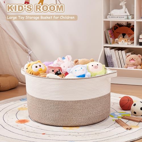 OIASKET Large Blanket Basket with Handles, 22.8" x 22.8" x 13" Woven Storage Basket for Living Room, Cotton Rope Baby Toy ...