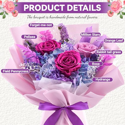 Preserved Flowers Bouquet, Flowers for Delivery,Handmade Purple Rose Bouquets Lasting 3-5 Years, Luxury Gift Box,Birthday ...