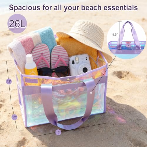 Gryvol 2-Piece 26L Iridescent Beach Bags for Women,Purple Beach Tote Bag & Pink Clear Tote Bag, Large Waterproof Beach Bag...