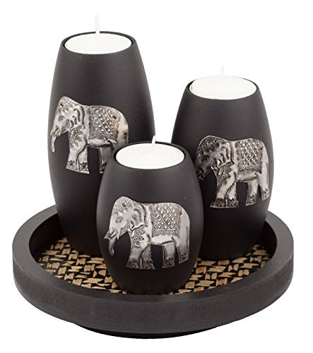 IYARA CRAFT Elephant Candle Holder Set – 3 Handmade Wood Tealight Holders with Tray, Rustic Black Home Décor, Cozy Holiday...
