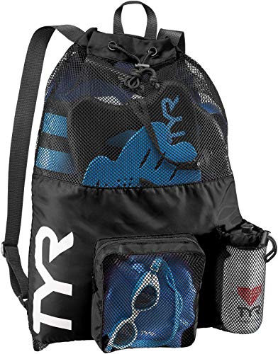 TYR Big Mesh Mummy Backpack for Swim, Gym and Workout Gear, Black, 40-Liter Capacity