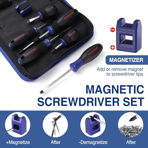 WORKPRO 10-Piece Magnetic Screwdriver Set with Pouch, Phillips, Slotted, Flat Head Screwdriver Include Magnetizer, Screwdr...