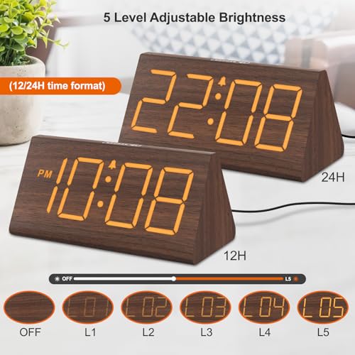 DreamSky Wooden Digital Alarm Clocks for Bedrooms - Electric Desk Clock with Large Numbers, USB Port, Loud Alarm for Heavy...