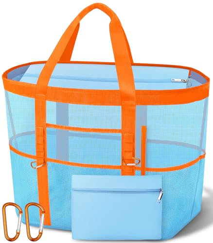 Yeendibo 2026 Chic & Spacious XX-Large Beach Bag for Women — Mesh × Canvas Tote with Top Zipper, 11 Pockets, Detachable Po...