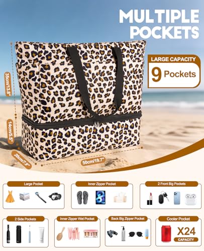 ISEYOU Beach Bag with Cooler, 49L Large Waterproof Sandproof Tote with Zipper, Foldable Travel Bag for Beach, Pool, Picnic