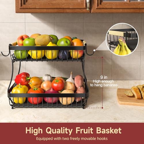 Sevenblue 2 Tier Large Fruit Basket for Kitchen Counter with 2 Mobile Banana Hangers, 2026 Pro Detachable Metal Fruit Bowl...