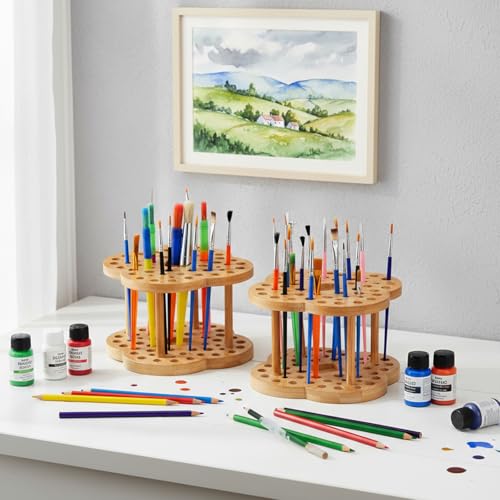 Foraineam 2 Pack Rotating Paint Brush Organizer Holder - 53 Holes Bamboo Display Drying Stand - Artist Watercolor Brush St...