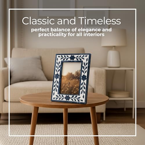 Floral Inlay Picture Frame with 4x6 Photo Display – Unique Picture Frames for Tabletop or Wall Mounting – Elegant Resin & ...