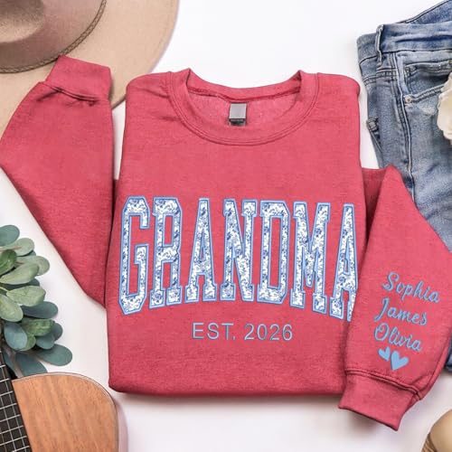 NAZENTI Personalized Floral Applique Embroidery Mama Sweatshirt, Custom Grandma Sweatshirt, Mama Gifts Christmas Mother's Day