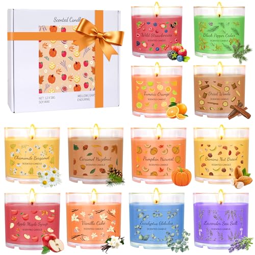 Fall Candles Bulk, 12 Pack Scented Candles for Home, Candle Set for Women, Small Soy Candles Scent of Pumpkin Vanilla Cara...
