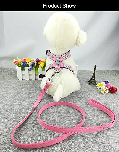 Newtensina Fashion Puppy Harness with Diamantes and Lead Cute Girls Bling Dog Harness with Bling Leashes for Small Dogs