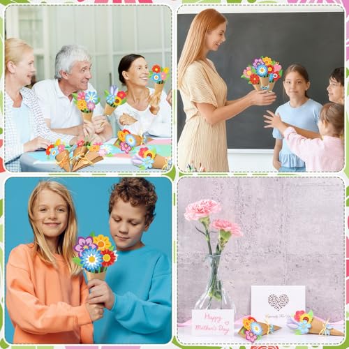 Motipuns 48 Set Spring Bouquet Flower Craft Kit Mother's Day DIY Flower Bow Paper Crafts Colorful Bouquets Make Your Own T...