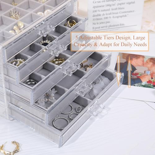 misaya Earring Jewelry Organizer with 5 Drawers, Birthday Present, Clear Acrylic Jewelry Box for Women, Velvet Earring Dis...