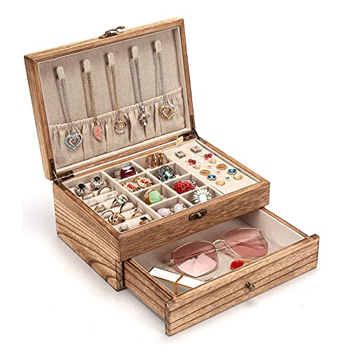 Pinzoveco Jewelry Box for Women, Rustic Wooden Jewelry Organizer Box for Storage Earrings Rings Necklace Bracelet, Farmhou...