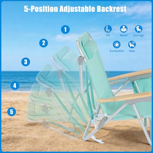 SUNNYFEEL Low Back Folding Beach Chair, Aluminum Heavy Duty Beach Chair with 5-Position, Portable Camping Chair for Adults...