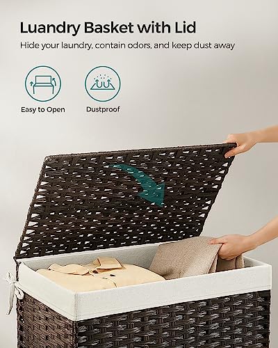 SONGMICS Storage Basket with Lid, Woven Blanket Storage Bin with Handles, Foldable, Removable Liner, Metal Frame, for Bedr...