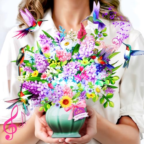 Birthday Cards, Light and Music Happy Birthday Card, Hummingbird Oasis, 10 Inch Life Sized Forever Flower Bouquet, 3D Pop ...