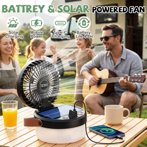 3-in-1 Camping Fan, Portable Solar Fan Rechargeable with LED Lantern, Battery Powered & Solar Camping Fan Light with Hangi...