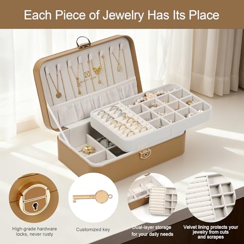 BEAUTY CASE Jewelry Box Organizer for Women Girls, 2 Layer Large Jewelry Storage Case, PU Leather Display Jewelry Holder w...