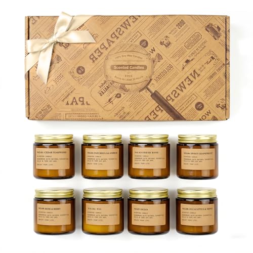 Scented Candles for Home, 8 Pack Soy Wax Candle Set, Aromatherapy Candles, Amber Jar Vintage Apothecary Style, 8 Scents Gi...