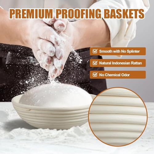 Dimpola Banneton Bread Proofing Basket - 9 inch Banneton Basket Set of 2 Sourdough Proofing Basket Round Proofing Bowls Ha...