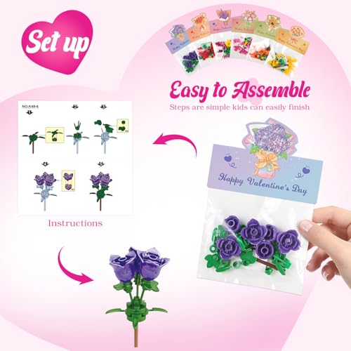 Valentines Day Gifts for Kids - 24 Pack Prepacked Valentine's Day Cards with Flower Building Blocks Crafts for School Clas...