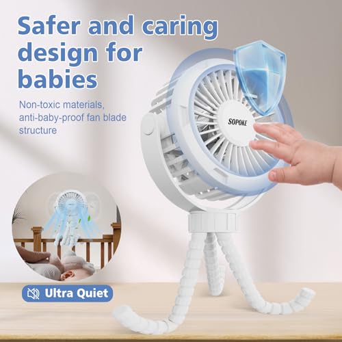 SOPOKE Mini Portable Baby Stroller Fan,3 Speed Personal Handheld Fan,Battery Operated Rechargeable 360° Flexible Tripod Co...