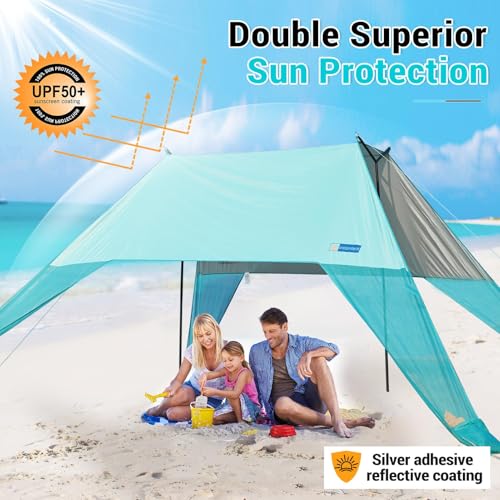 Large Portable Beach Shade- 15X10ft, Easy Setup, UPF50+ Protection, Ultra-Stable, Gull-Wing Beach Tent